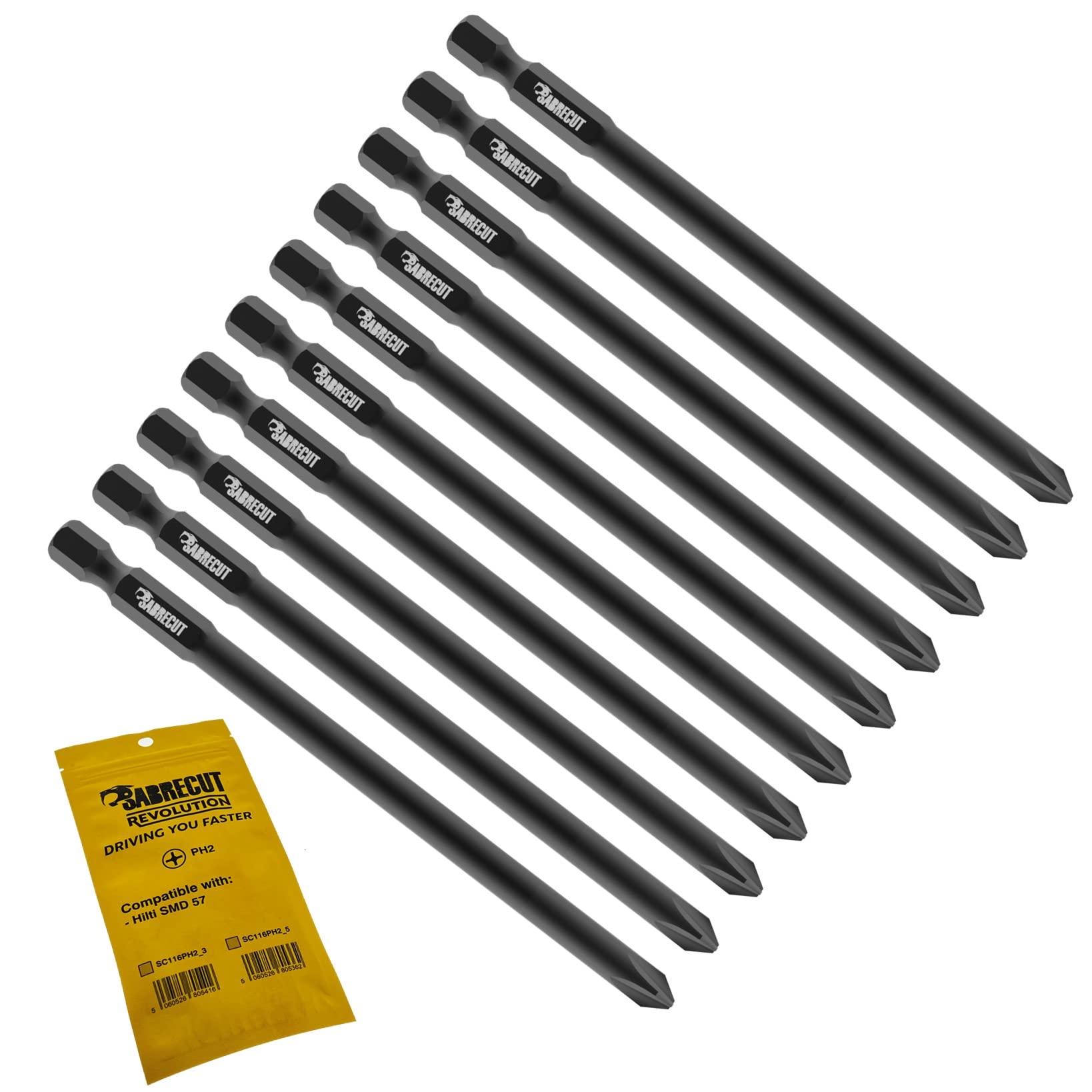 10 x SabreCut SC116PH2_10 116mm PH2 Compatible with Hilti SMD 57 SMD57 116/4 1/2 Autofeed Collated Drywall Screwdriver Gun Bit Single Ended Phillips No.2 Heavy Duty