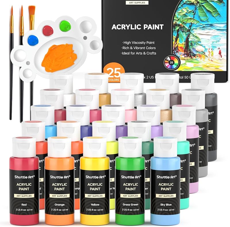 Shuttle Art 25 Colors Acrylic Paint Set 60ml with 3 Brushes & Palette