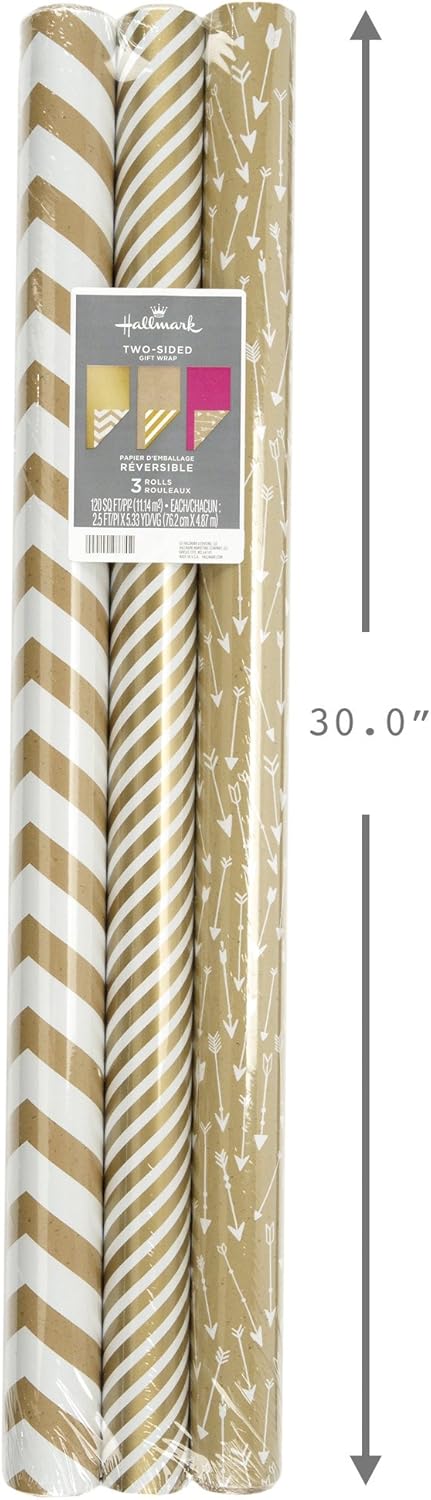 Hallmark Reversible Wrapping Paper, Kraft Gold and Pink (Pack of 3, 120 sq. ft. ttl.) for Mothers Day, Easter, Baby Showers, Birthdays, Weddings, Bridal Showers or Any Occasion: Kitchen & Dining