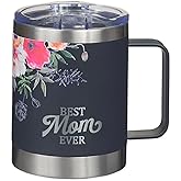 Christian Art Gifts Stainless Steel Double Wall Vacuum Insulated Camp Style Travel Mug 11 oz Dark Navy Blue with Pink Floral Tumbler with Retractable BPA-free Lid for Mom - Best Mom Ever