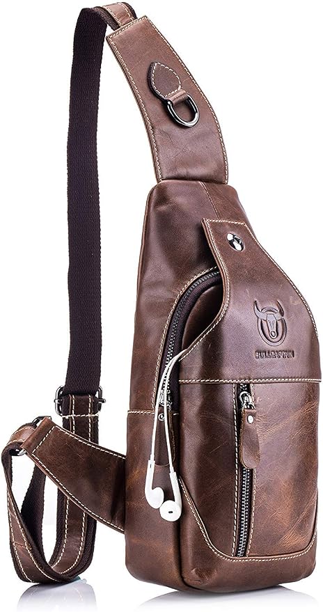 Sac Poitrine Cuir Véritable Homme - Sacoche Bandoulière Le'aokuu 8006 Marron