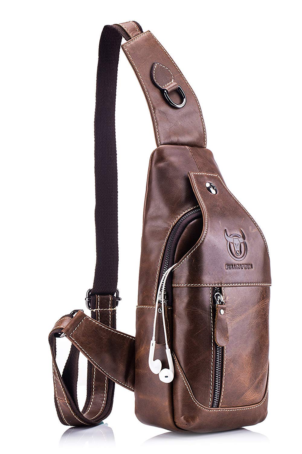 BULLCAPTAIN Mens Leather 3-in-1 Cross Body Chest Shoulder Backpack Brown 5.91" x 3.15" x 10"
