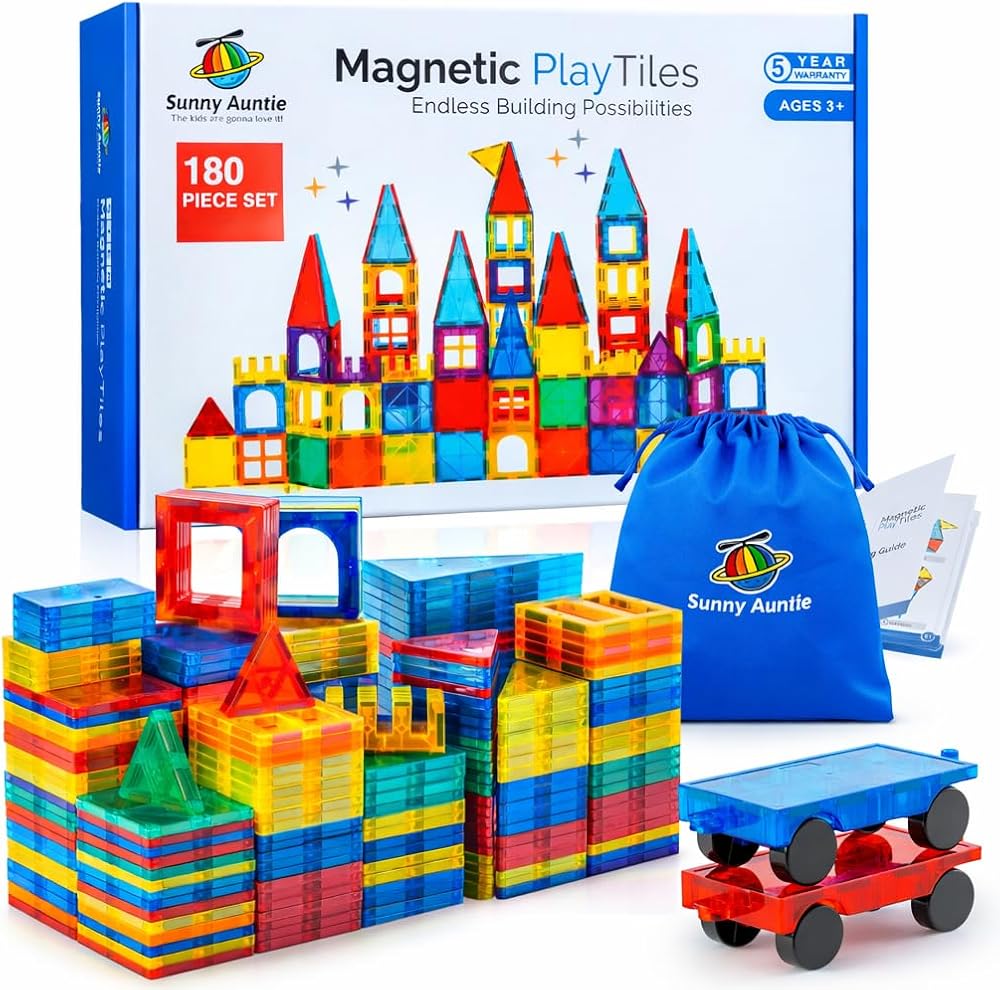 Sunny Auntie Magnetic Tiles 180 PCS XL Set with Storage Bag