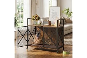 VossLane Large Wooden Dog Crate Furniture – Heavy Duty Indoor Kennel Cage Table with 360° Lockable Wheels, Double Doors, Divi