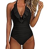 SUUKSESS Women Sexy Halter One Piece Swimsuits Ruffle Tummy Control Bathing Suit