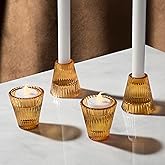 LampLust Glass Candle Holders for Votive Candles, 4 Pack, 3 Inch Amber Candle Holders, Reversible Votive & Candlestick Holders for Spring Decor, Table Centerpieces, Wedding & Home Decoration