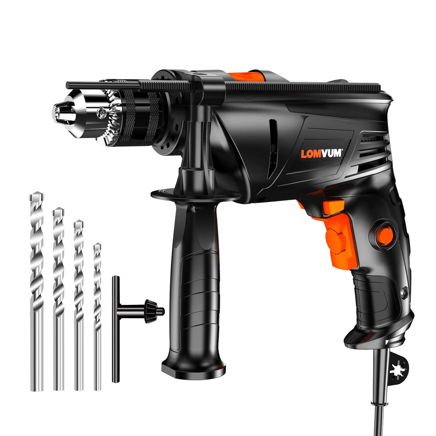 Hammer Drill, LOMVUM 1/2 In. 6.75 Amp Variable Speed dual-mode Impact Drill with 4 Drill Bit Set, 3000RPM, 360°Auxiliary Handle and Depth Gauge for Applying to Concrete, Brick, Masonry, Wood, or Steel