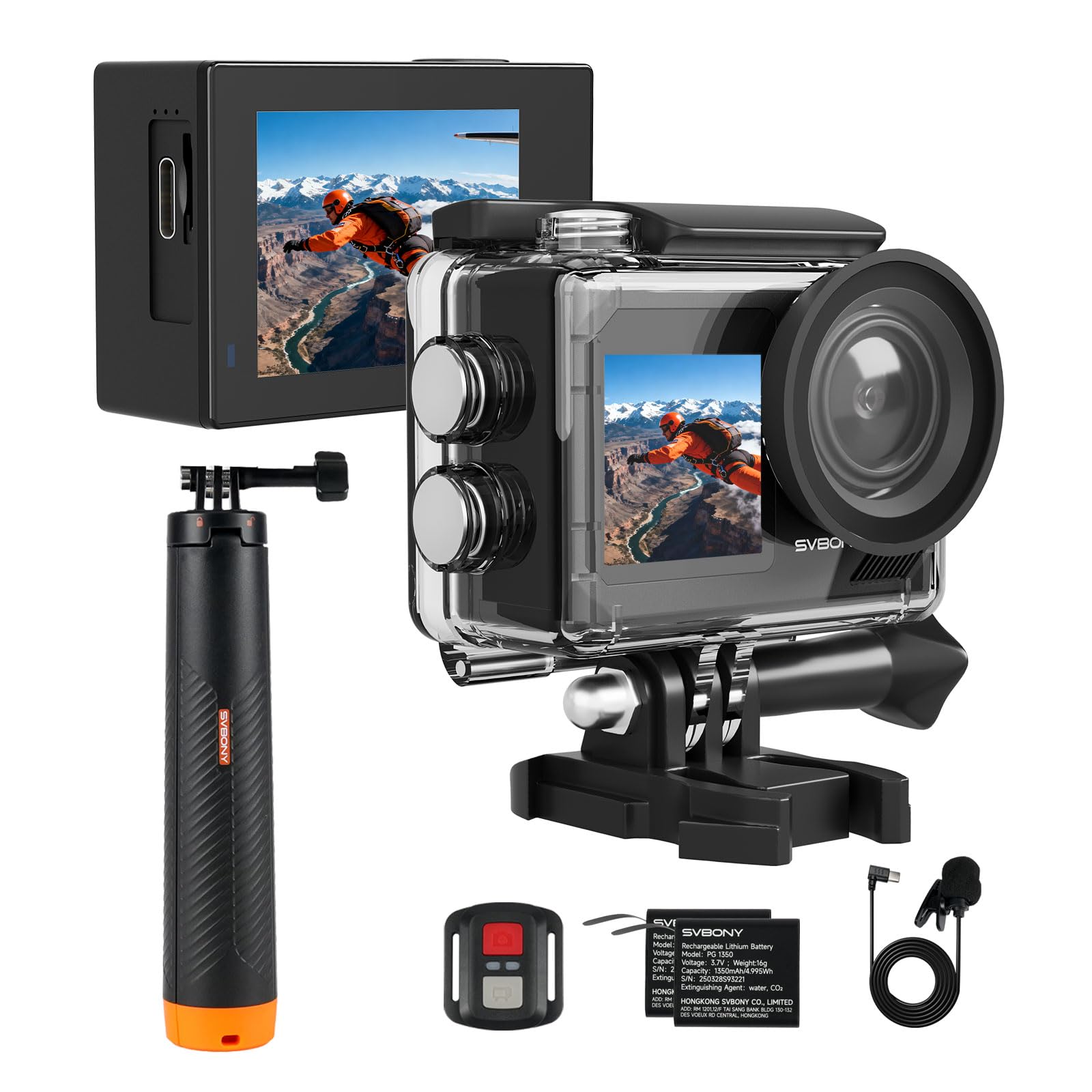 SVBONY SVGo2 4K Unterwasserkamera, Action-Kamera mit Externem Mikrofon, EIS, Wasserdicht bis 30m, Touchscreen, Dual-Screen, 2x1350mAh Akkus, 140° Weitwinkel, WLAN, Zubehörset zum Schnorcheln、Skifahren