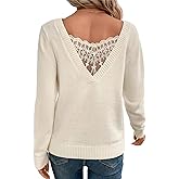 SOLY HUX Women's V Neck Sweaters Lace Back Pullover Sweater Long Sleeve Knit Tops