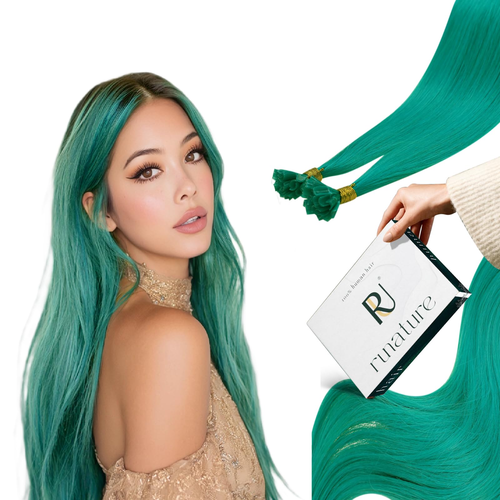 RUNATURE Pre Bonded U Tip Hair Extensions Human Hair Blue-Green U Tip Extensions Fusion Kertain Human Hair Extension Silky Straight 20 Inch 25g — image 1