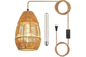 tebio Plug in Pendant Light Rattan Hanging Lights with Plug in Cord 15FT Hemp Rope Cord, On/Off Switch Chandelier for Boho Living Room Bedroom Kitchen（Bulb Included） 11 x 7 inch