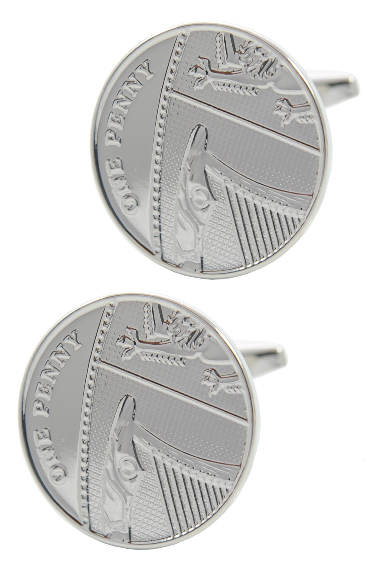 Cufflinks for Men + Presentation Box - Silver Colour - Lucky Penny - Metal - British 1p Round Tails Coin Classic Design - One Pair