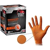 Venom Steel Orange Nitrile Gloves, 8 mil Thick, 50 Count, Maximum Grip Textured Disposable Gloves, Puncture and Rip Resistant, Hi-Visibility Orange, One Size Fits Most