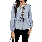 MakeMeChic Women's Striped Tie Front Top Babydoll Lantern Sleeve Shirt Blouse Crewneck Cute Top