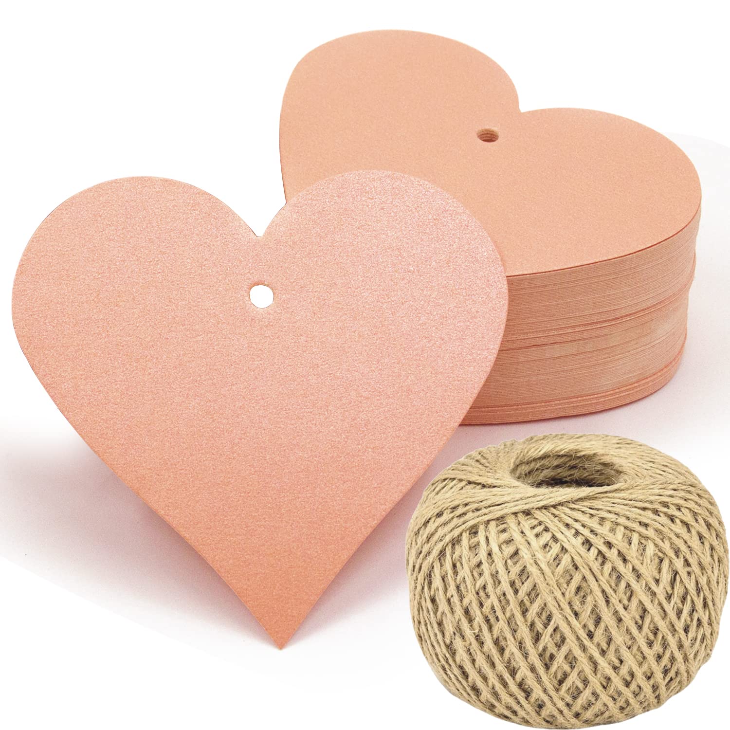 Photo 1 of 100pcs Pink Heart Shaped Paper Gift Wrap Tags Blank Craft Hang Labels with Natural Jute Twine String for Valentine's Day Mother's Day Wedding Favor