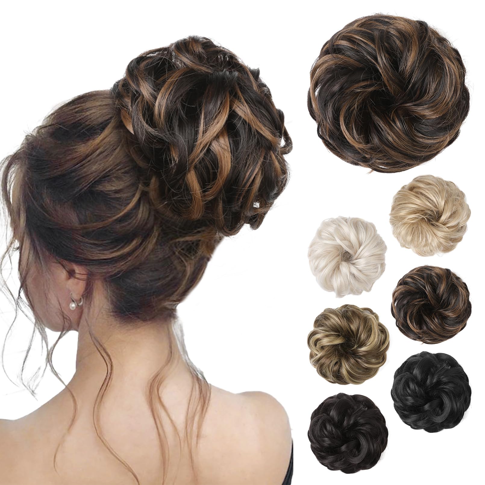 REECHO Thick Tousled Hair Bun - Synthetic Ponytail Extension with Elastic Scrunchies for Women - Messy Updo Donut Accessories - Dark Brown with Highlights