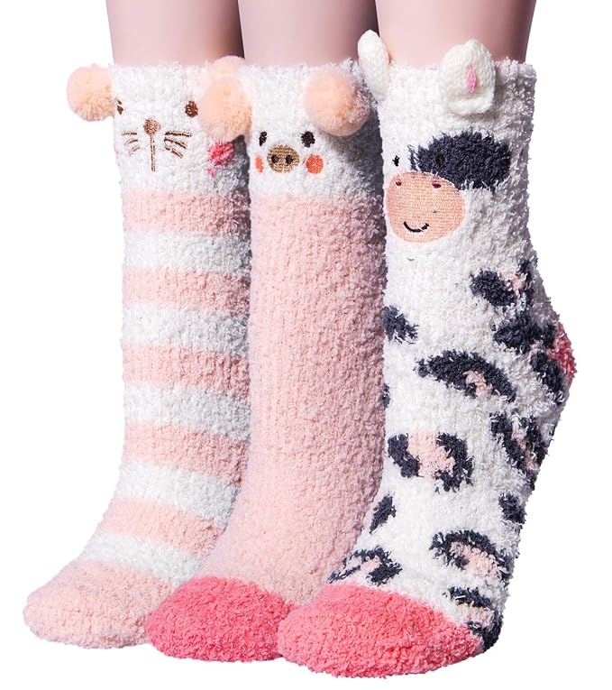 YSense 3 Pairs Womens Super Soft Fluffy Socks Winter Warm Cute Animal Fuzzy Home Slipper Socks