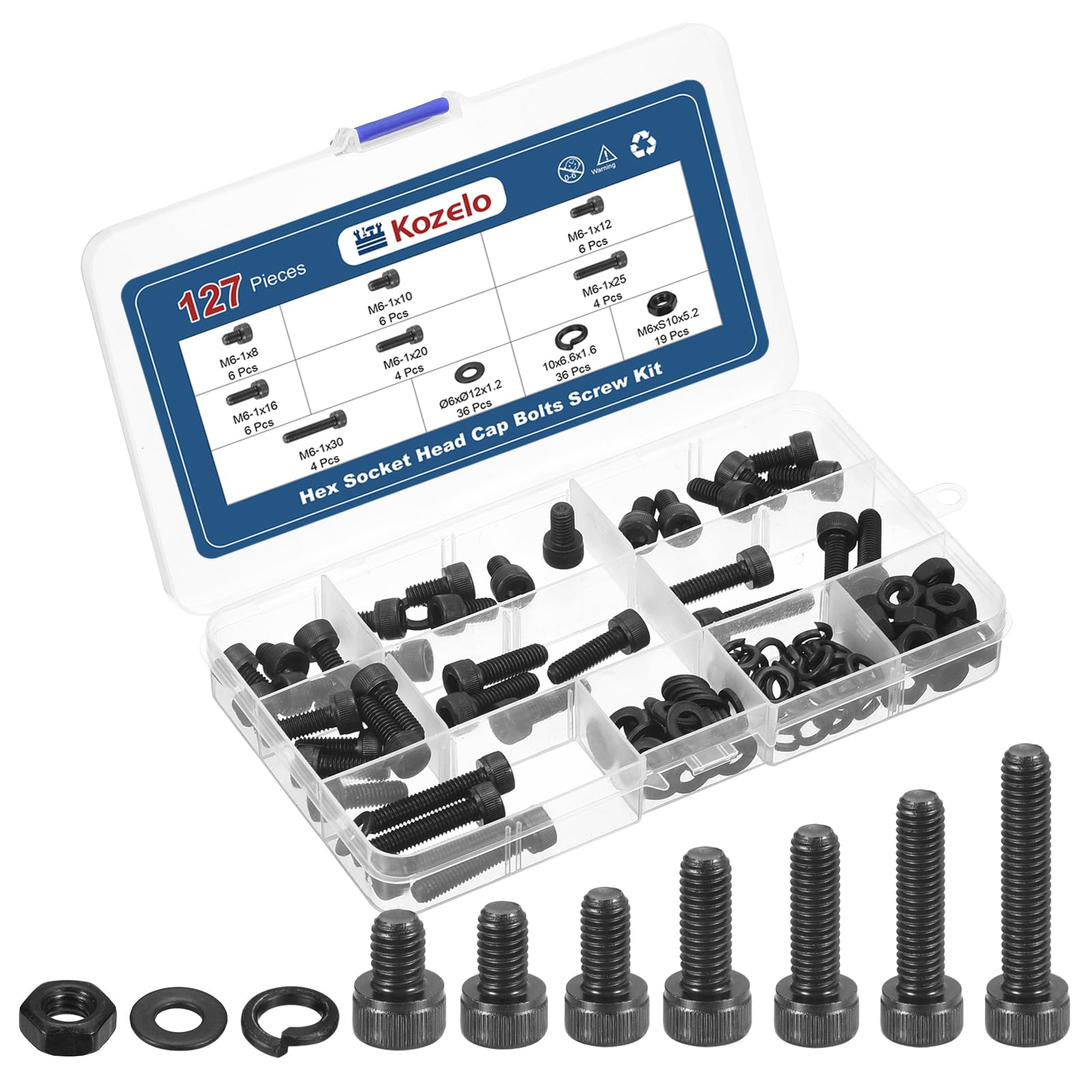 Kozelo 127pcs M6 Socket Head Cap Screws Bolts Nuts Assortment Kit - [M6x8/10/12/16/20/25/30mm] Alloy Steel Fully Threaded Black Oxide 12.9 Internal Hex Screw for 3D Printer Use