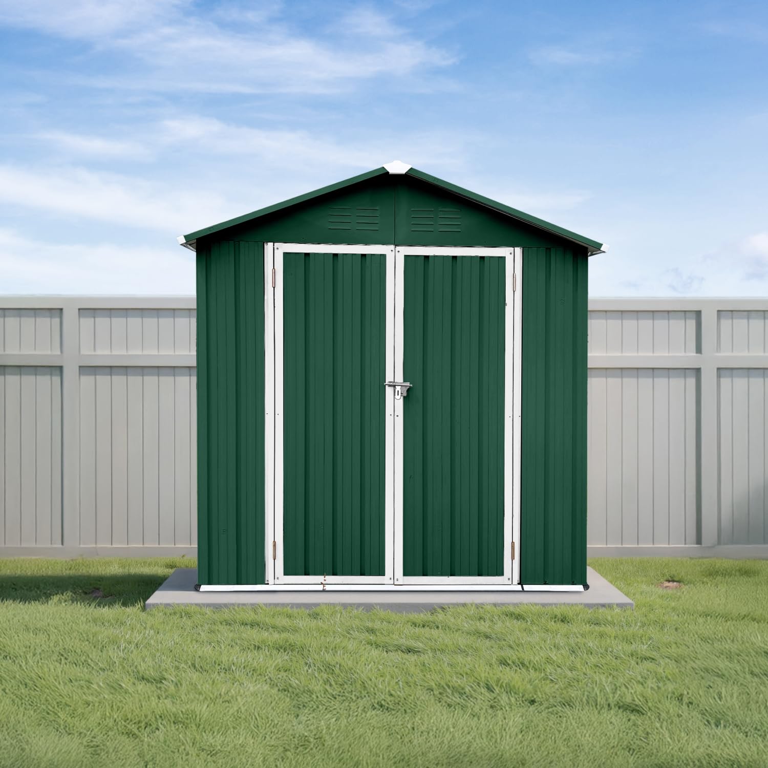 Photo 1 of 6x4 Ft Storage Shed with Floor, Permanent Steel Building with Lockable Doors & Air Vent for Backyard Garden Patio Lawn - Green