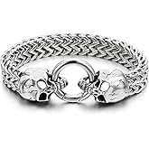 COOLSTEELANDBEYOND Gothic Mens Stainless Steel Skull Franco Link Curb Chain Bracelet with Spring Ring Clasp