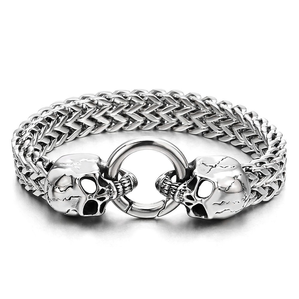COOLSTEELANDBEYOND Gothic Mens Stainless Steel Skull Franco Link Curb Chain Bracelet with Spring Ring Clasp 8.5 Inches