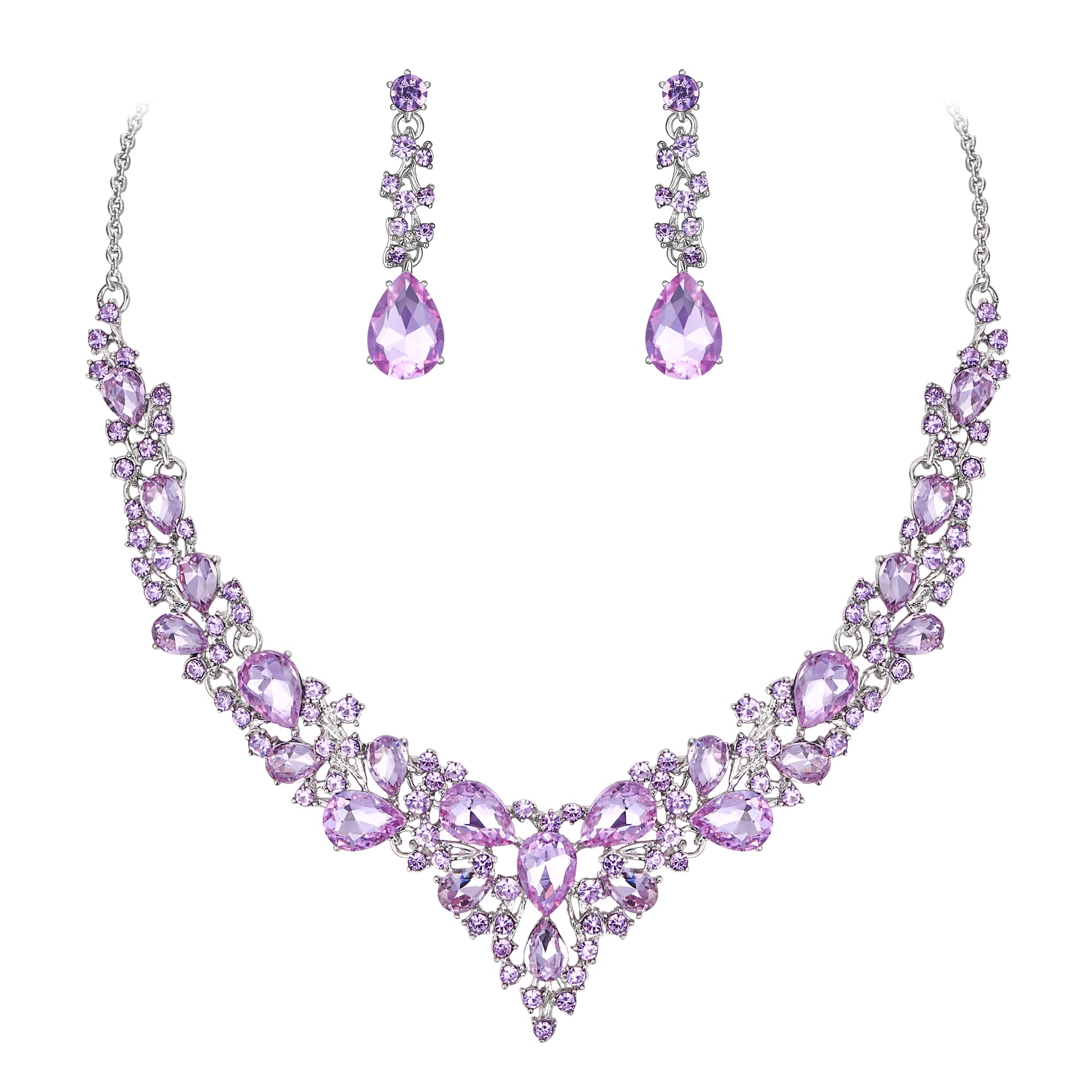 Ever Faith Wedding Bridal Crystal Sparkly Rhinestone Teardrop Cluster Statement Necklace Dangle Earrings Jewellery Set for Women Lavender Purple