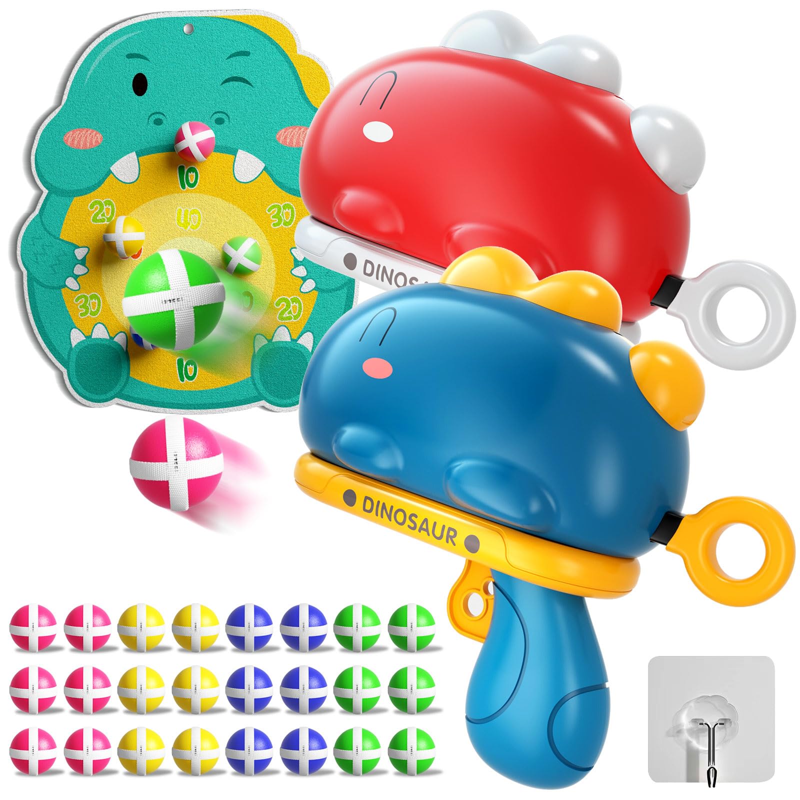 Doloowee Dinosaur Shooting Game Toy, Kids Blaster Shooting Game with Dart Board, 24 Sticky Balls, Kids Toy Gun for Indoor Outdoor Play, Gift for Boys & Girls Aged 3-5 (Red & Blue)