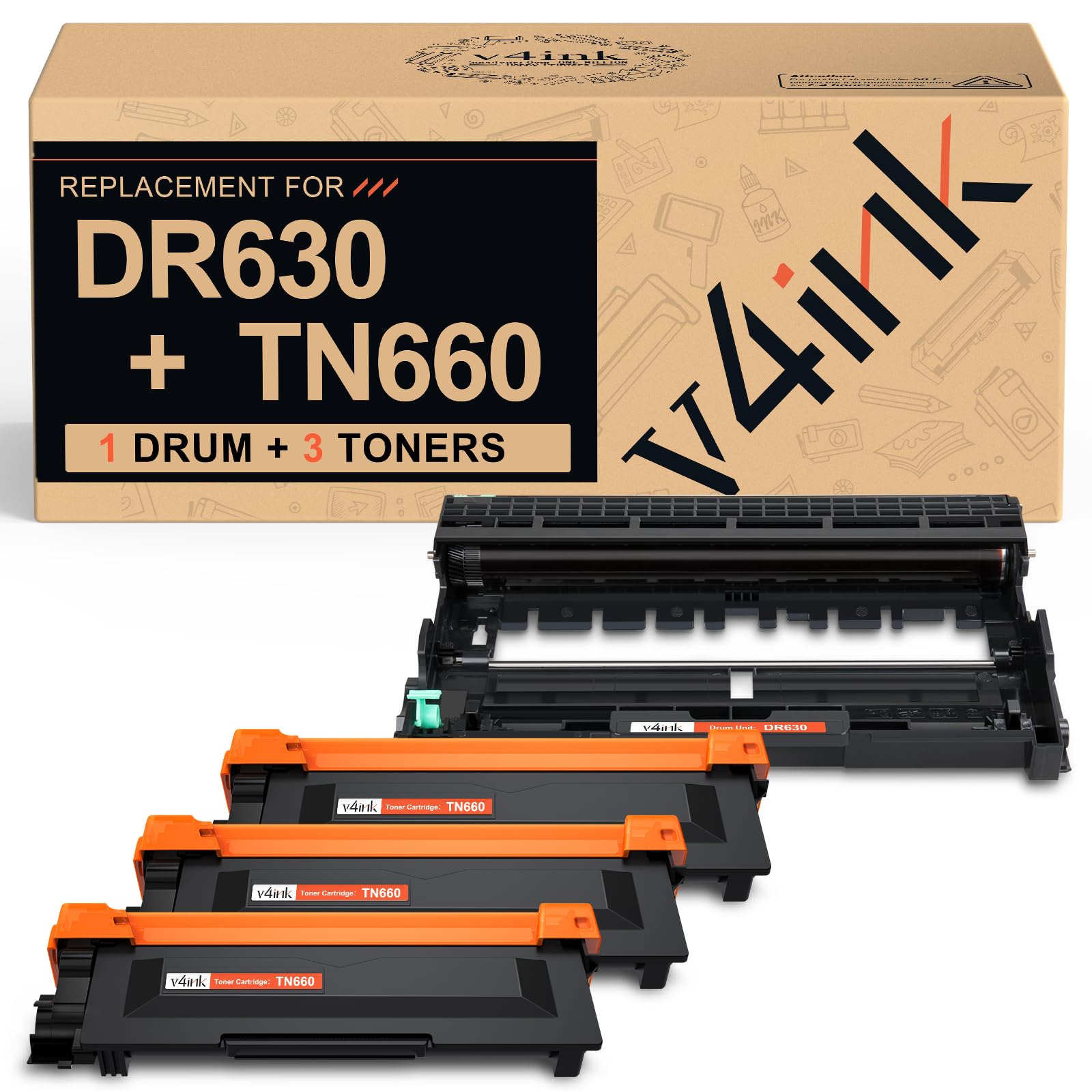 Photo 1 of v4ink Compatible DR630 TN660 Set Replacement for Brother DR630 Drum TN660 Toner Cartridge (1D + 3T) for Brother HL-L2300D L2320D L2360DW L2380DW MFC L2700DW L2720DW L2740DW Printer