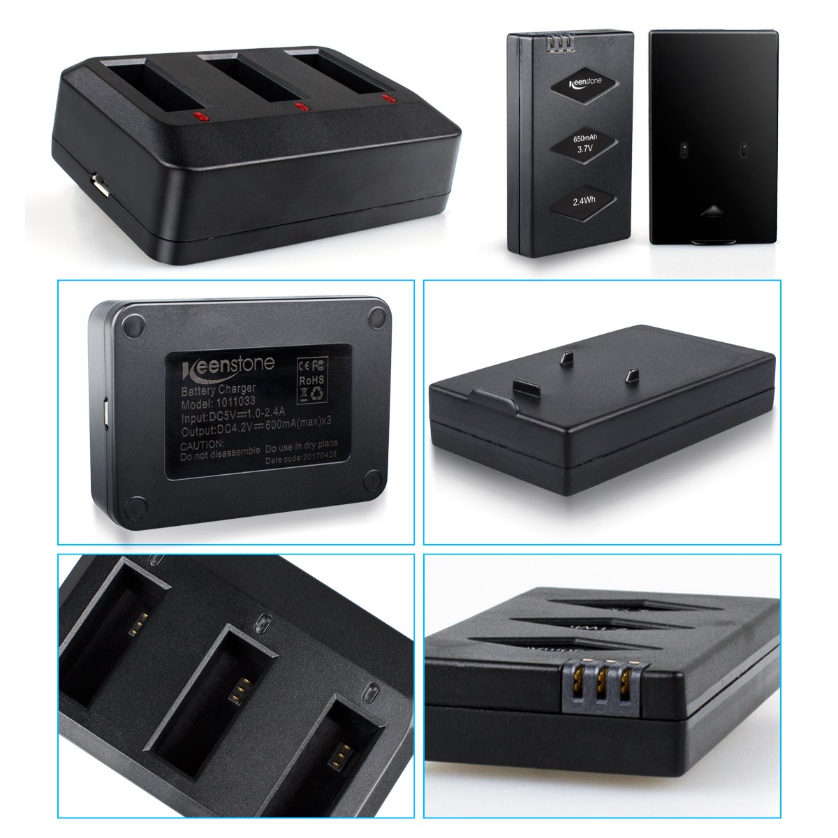 Parrot Minidrone Battery, Keenstone 3PCS 3.7V 650mAh Li-po Battery w/3-Port Charger for Jumping Sumo Swing Mambo Rolling Spider Air Night Airborne Cargo Jumping Race Night Hydrofoil Drone