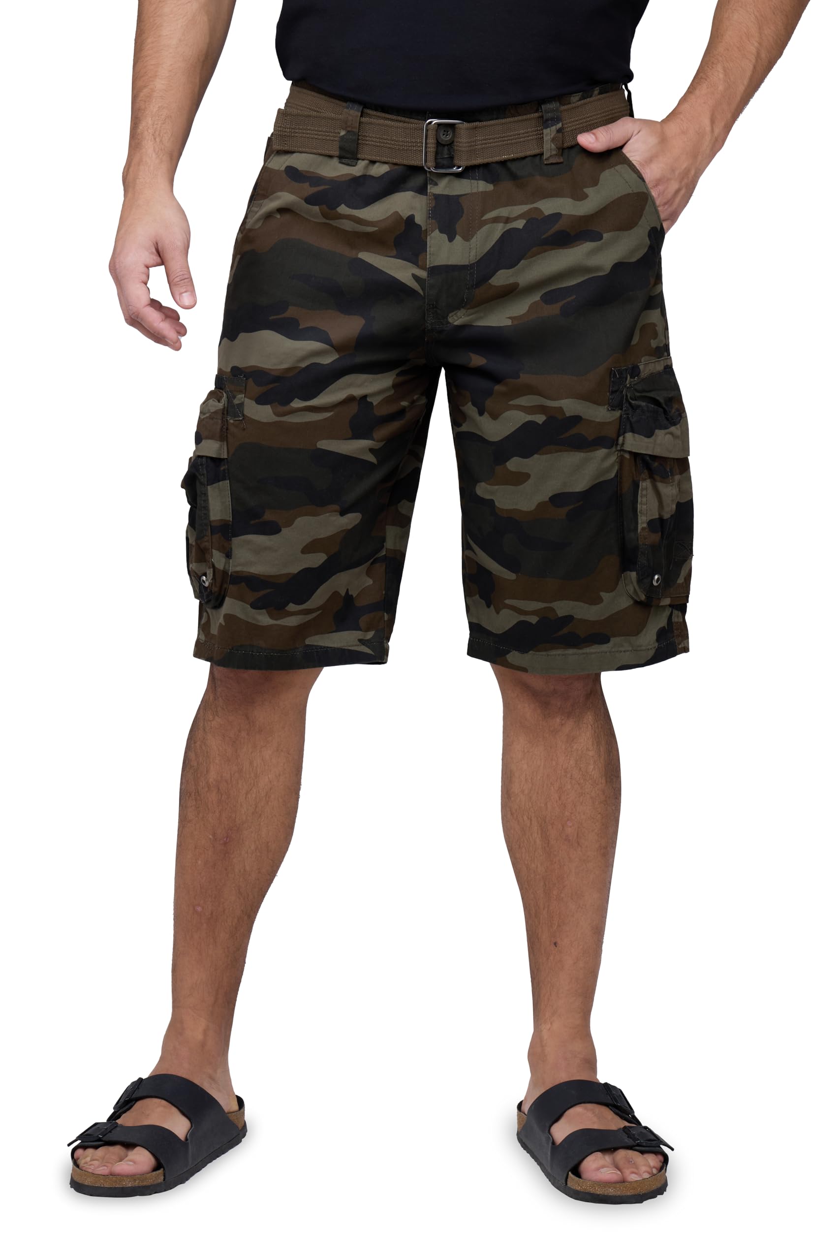 Photo 1 of ***(BUTTON MISSING/ MINOR DAMAGE)***RAW X Mens Belted Cargo Shorts, Relaxed Fit Casual Knee Length Cargo Shorts for Men, Olive Camo, 34