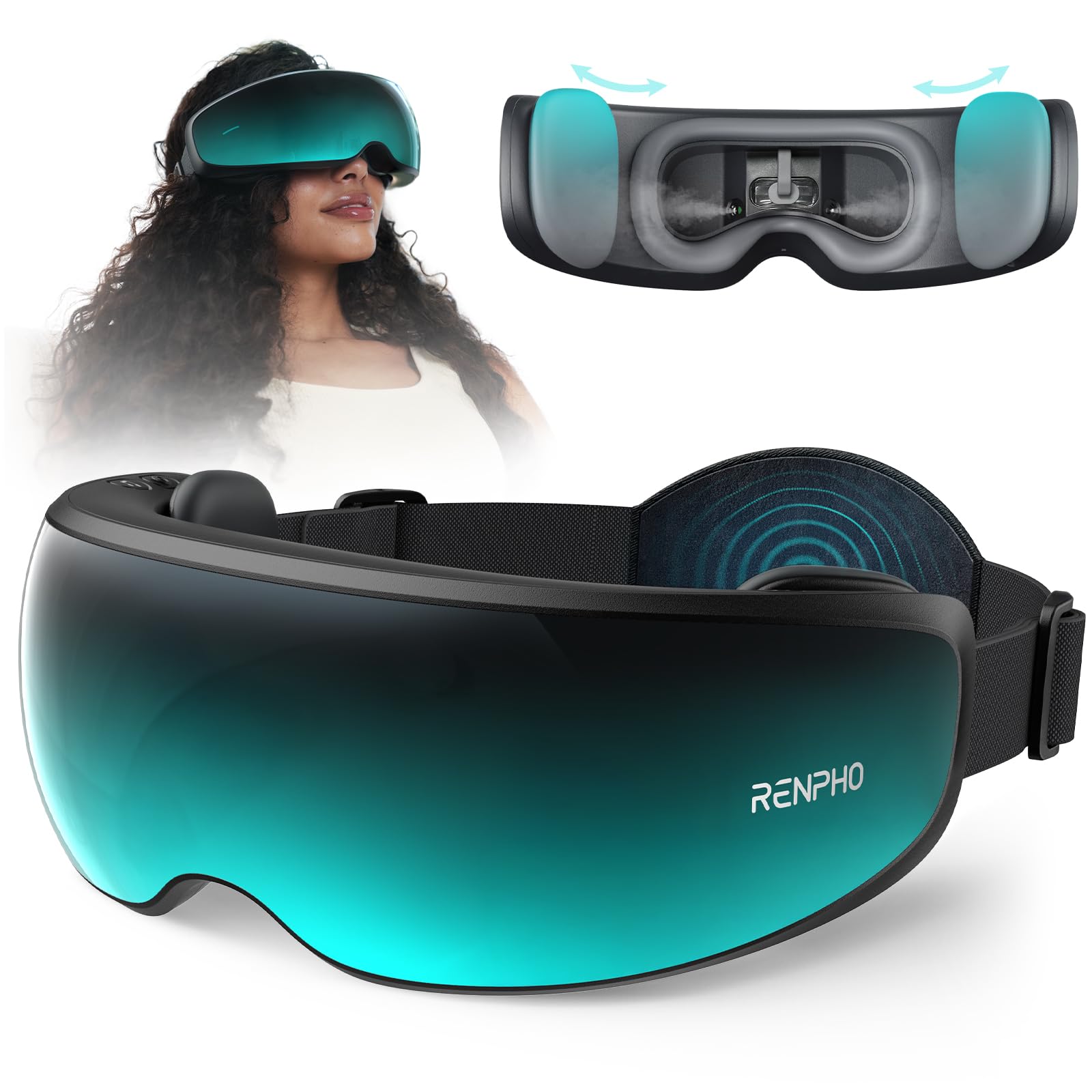 Photo 1 of RENPHO Eyeris Caligo Eye Massager with Mist & Temple Massage, Slidable Temple Massager for Migraines, Birthday Gifts for Mom Dad Women Men Her Him, Eye Mask,Head Circumferences 21.7in to 27.5in