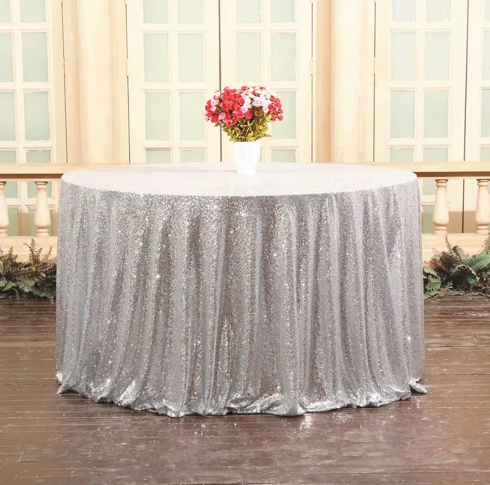 QueenDream Silver Sequin Tablecloth 72" Round Sequins Table Sparkly