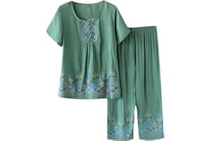 Summer Pajama Set Linen Outfits for Women 2 Piece Lounge Sets Short Sleeve Crew Neck Shirt Wide Leg Pants Sleepwear