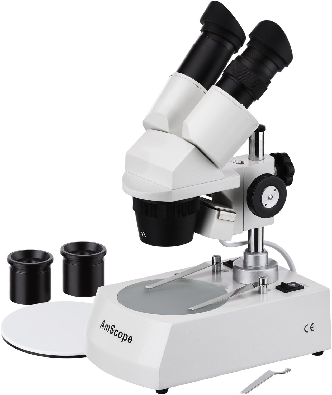 AmScope SE305-PZ Binocular Stereo Microscope, WF10x and WF20x Eyepieces, 10X/20X/30X/60X Magnification, 1X and 3X Objectives, Upper and Lower Halogen Lighting, Reversible Black/White Stage Plate, Pillar Stand, 120V