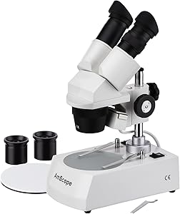 AmScope SE305-PZ Binocular Stereo Microscope, WF10x and WF20x Eyepieces, 10X/20X/30X/60X Magnification, 1X and 3X Objectives, Upper and Lower Halogen Lighting, Reversible Black/White Stage Plate, Pillar Stand, 120V