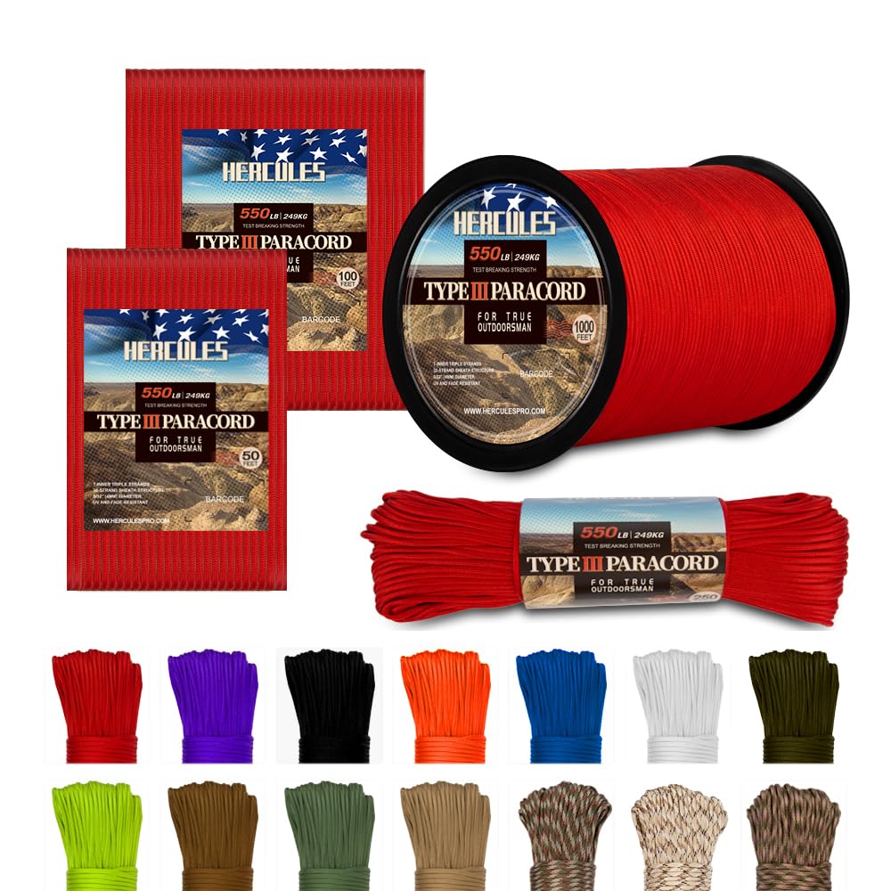 HERCULES 550 Paracord 4mm Type III 7 Strands Parachute Cord, 50' Imperial Red Utility Rope for Crafting, DIY, Camping, Survival, Outdoor