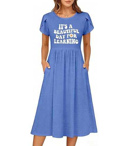 POLERO Teacher Dresses Alphabet Sundress for Women Short Sleeve Midi Summer Dress for Casual Work School Size S at Amazon Women's Clothing store