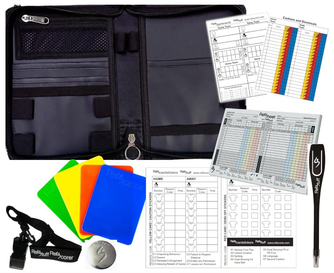 RefSorganiser – Football Soccer Referee Match Equipment Data Wallet Organiser inc Equipment: Cards, Whistle, Game Cards, Match Sheets, Lanyard, Pencil and Coin