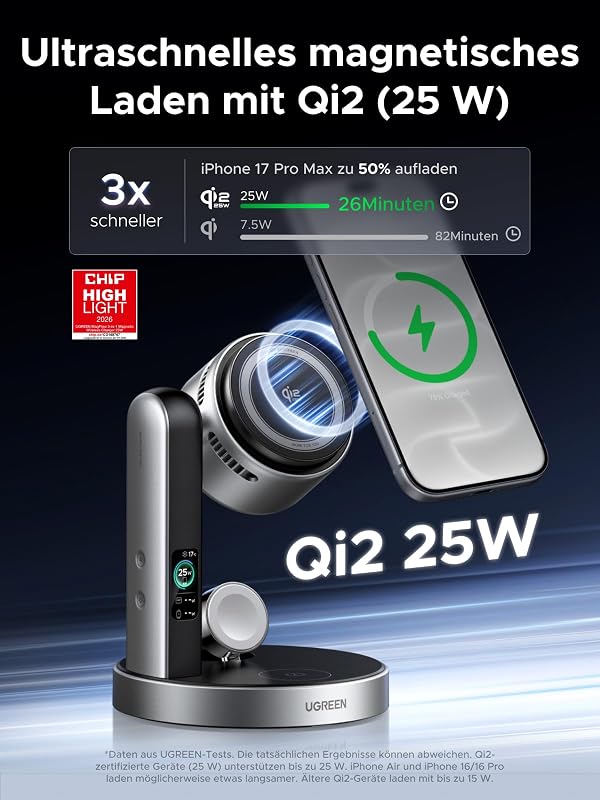 MagFlow Pro 25W Qi2 3-in-1 magnetische Ladestation mit Kühlung