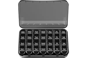 Odaro Weekly Pill Organizer 4 Times a Day, Daily Pill Box 7 Day, Large Travel Pill Case with 28 Compartment to Hold Medicine, Vitamin and Supplement (Full Black)