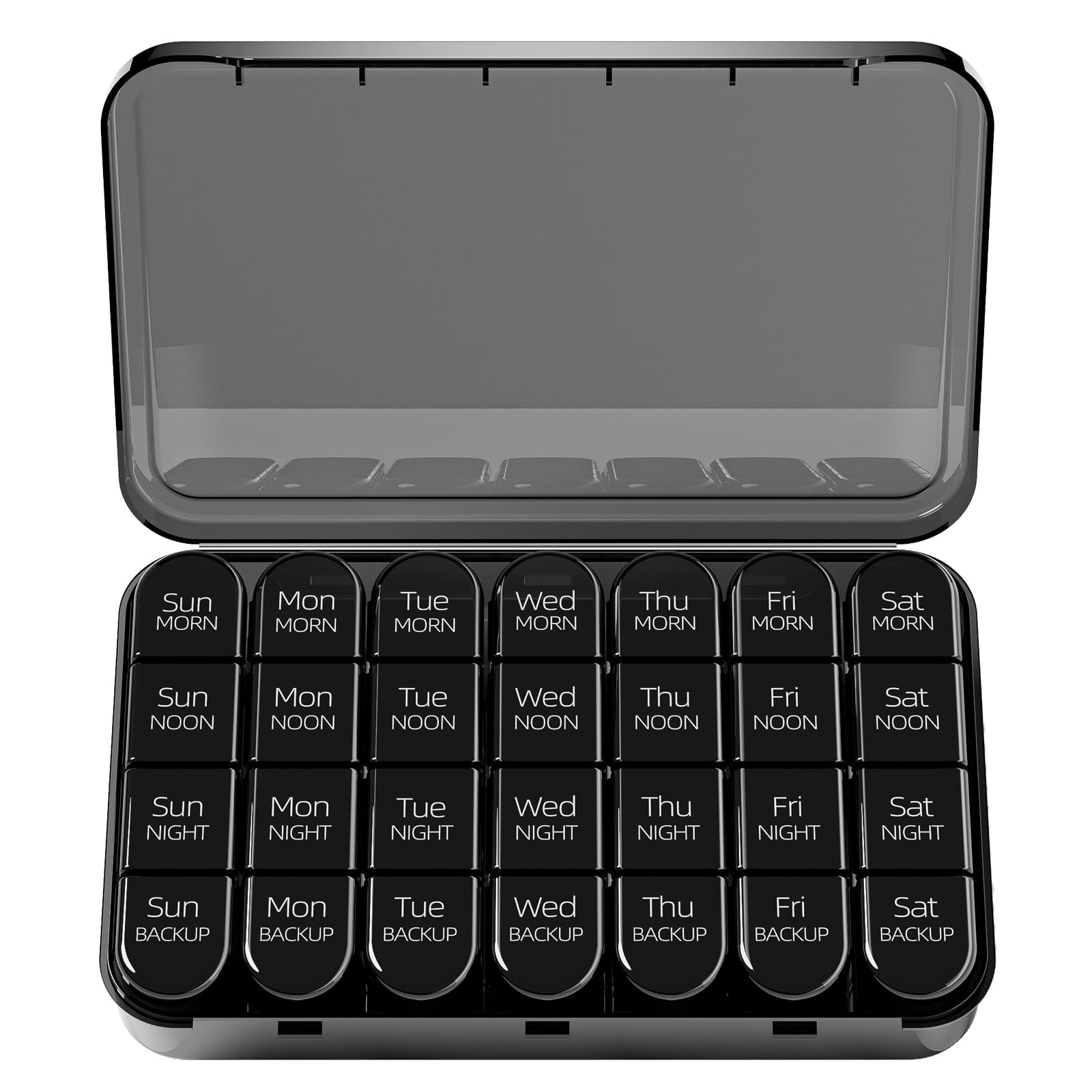 Photo 1 of Odaro Weekly Pill Organizer 4 Times a Day, Daily Pill Box 7 Day, Large Travel Pill Case with 28 Compartment to Hold Medicine, Vitamin and Supplement (Full Black)