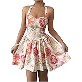 Milumia Women's Floral Tie Backless Halter Mini Dress Boho Sweetheart Neck Sleeveless A Line Short Dresses