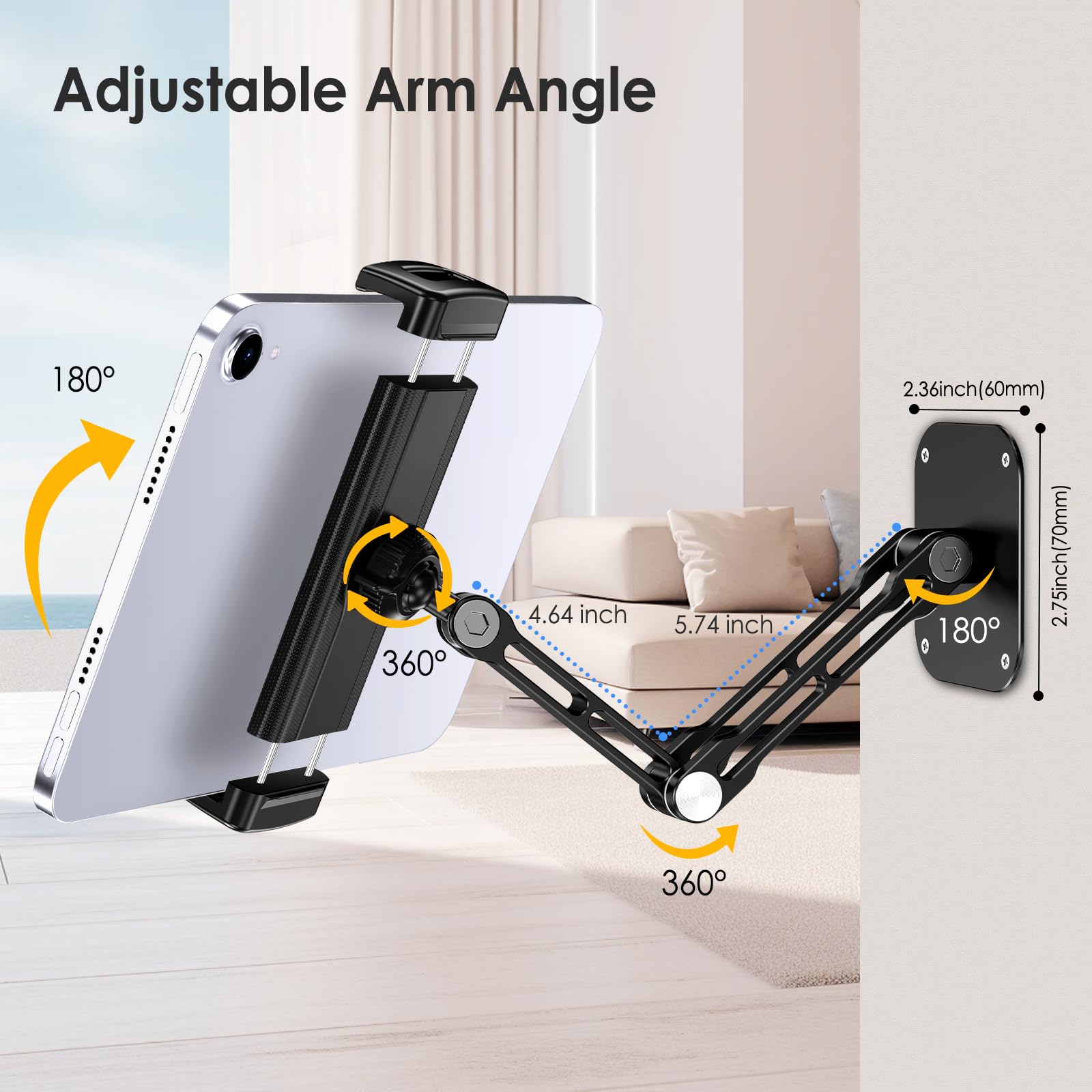 Tablet Wall Mount Holder, Aluminium Extendable iPad Wall Holder, with 360°Rotating Base Adjustable and Foldable for iPad Pro Air Mini, Galaxy Tab, All 4.7-13