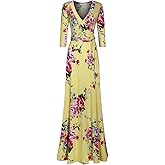 Bon Rosy Women's Super Stretchy Maxi Party Dress Spring Floral Print Faux Wrap 3/4 Sleeve V-Neck
