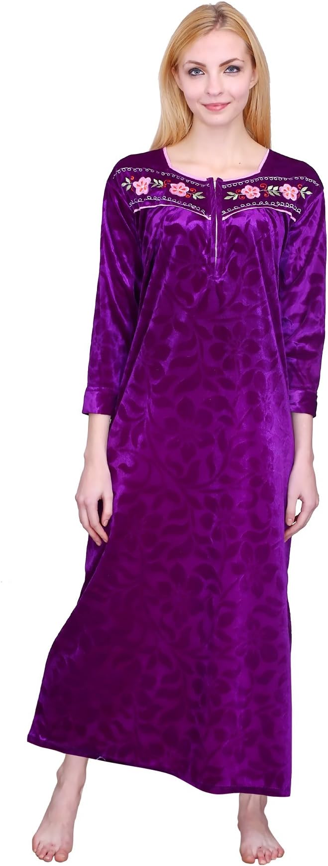 Women's Velvet Embroidered Maxi Length Nightgown (VLN194-420_Purple_Free Size)