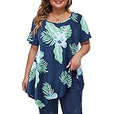 MONNURO Womens Plus Size Tops Short Sleeve Casual Summer Shirts Asymmetrical Tunic Blouses to Wear with Leggings