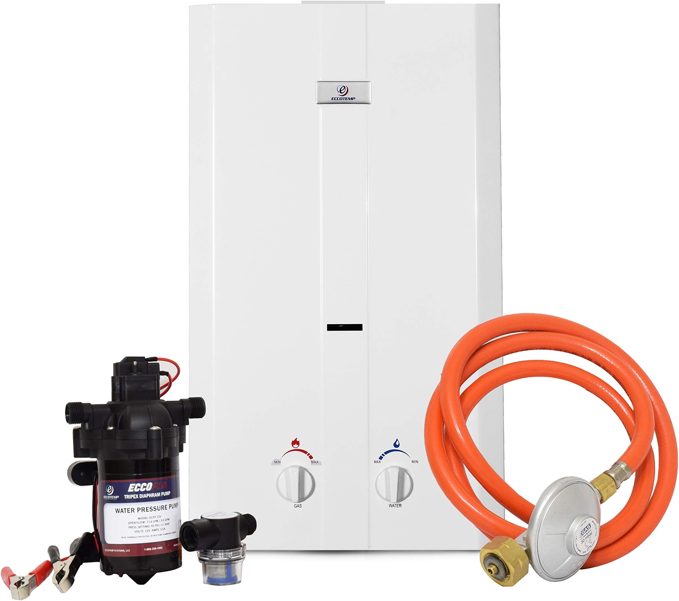 Eccotemp CE-L10 Portable Outdoor Water Heater w/ EccoFlo Diaphragm 12V Pump and Strainer, 30 mbar