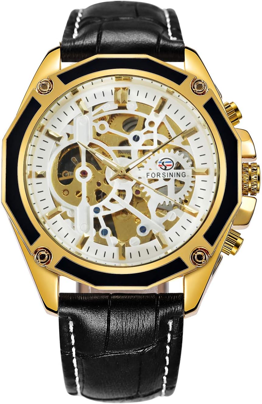 Men Skeleton Wristwatch Genuine Leather Band Hand Winding Mechanical Watches
