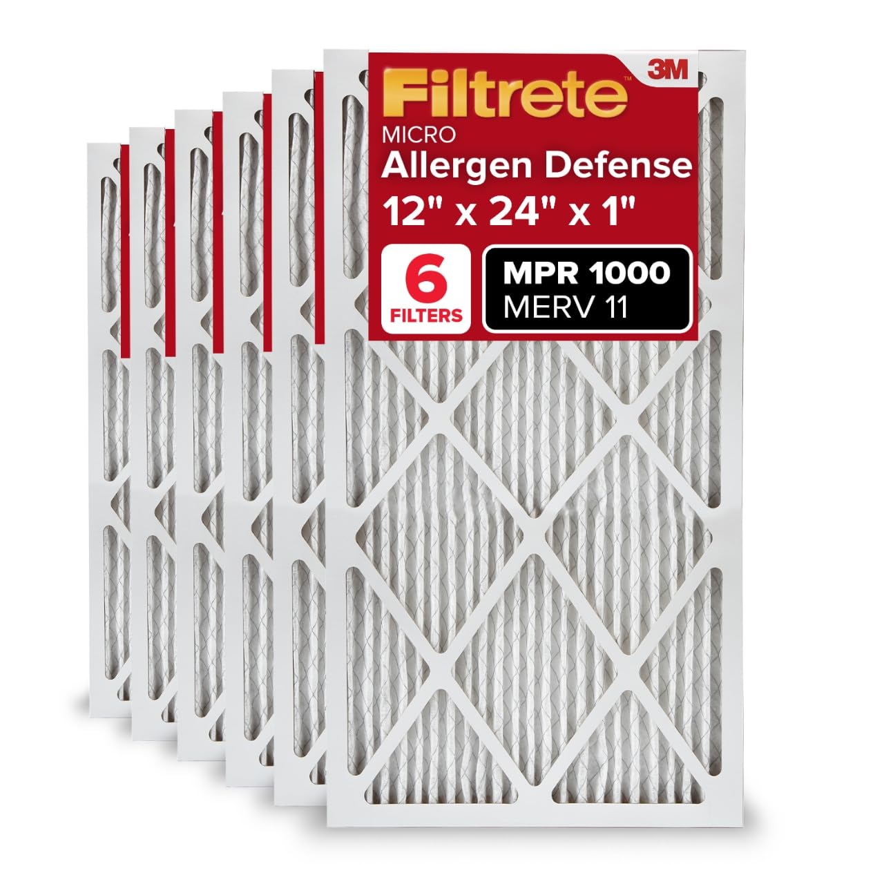 Filtrete 12x24x1 AC Furnace Air Filter, MERV 11, MPR 1000, Micro Allergen Defense, 3-Month Pleated 1-Inch Electrostatic Air Cleaning Filter, 6 Pack (Actual Size 11.69x23.69x0.81 in) Image
