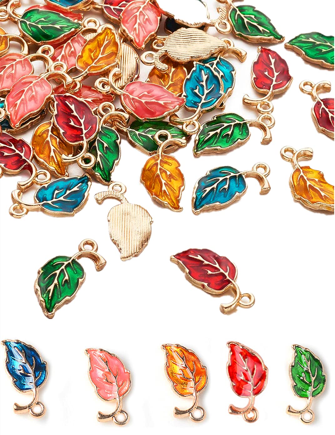 Zhiheng 50pcs Leaf Enamel Charms Pendants Alloy Leaves Beads Wine Glass Charms for Jewellery Making Bracelet Necklace Earring Keychain Accessories